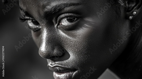 A close-up shot of a woman's face with a neutral expression, captured in black and white