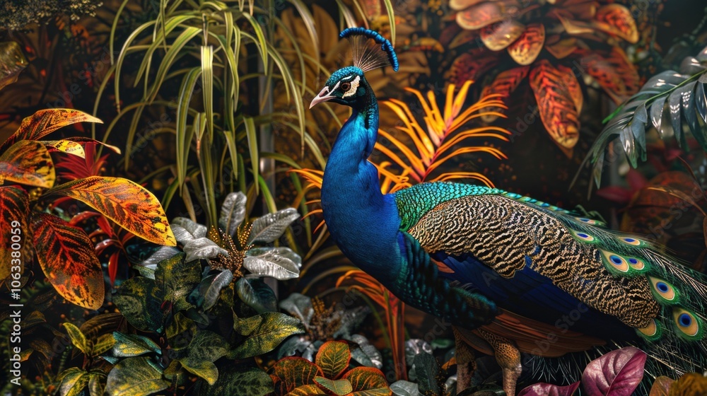 Obraz premium A majestic peacock stands in a beautiful garden, surrounded by flowers and greenery