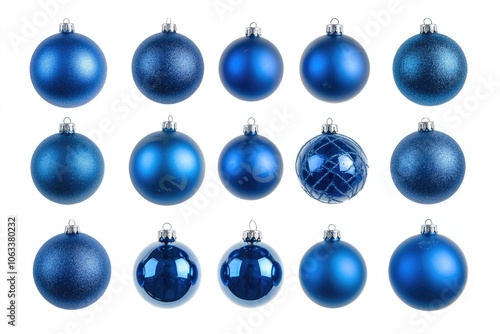 A collection of blue Christmas ornaments on a white background, suitable for holiday decorating and gift-giving