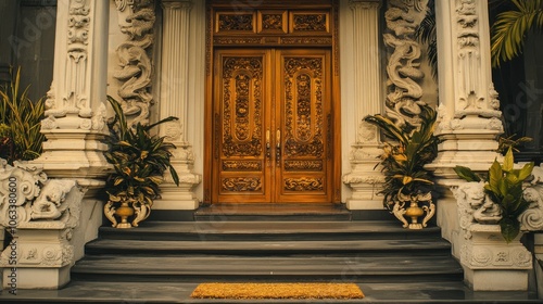 An intricately carved wooden door with gold accents