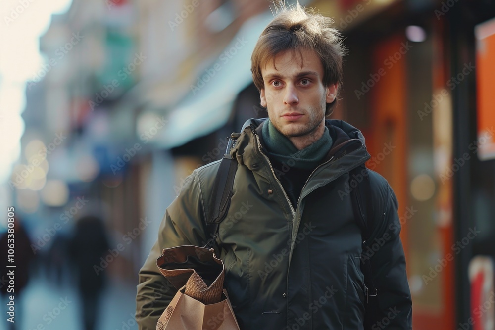 A person walking on the sidewalk carrying a bag, possibly for shopping or errands A person walking on the sidewalk carrying a bag, possibly for shopping or errands