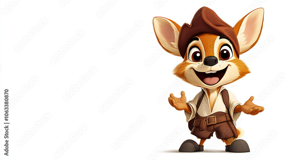 Fototapeta premium A friendly, cartoon fox with big ears and a big smile wearing a brown hat and brown shorts, stands with his arms outstretched in front of a white background.