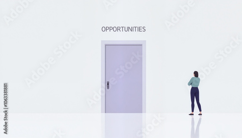 Person standing in front of a door labeled "Opportunities" contemplating decisions, job applicant