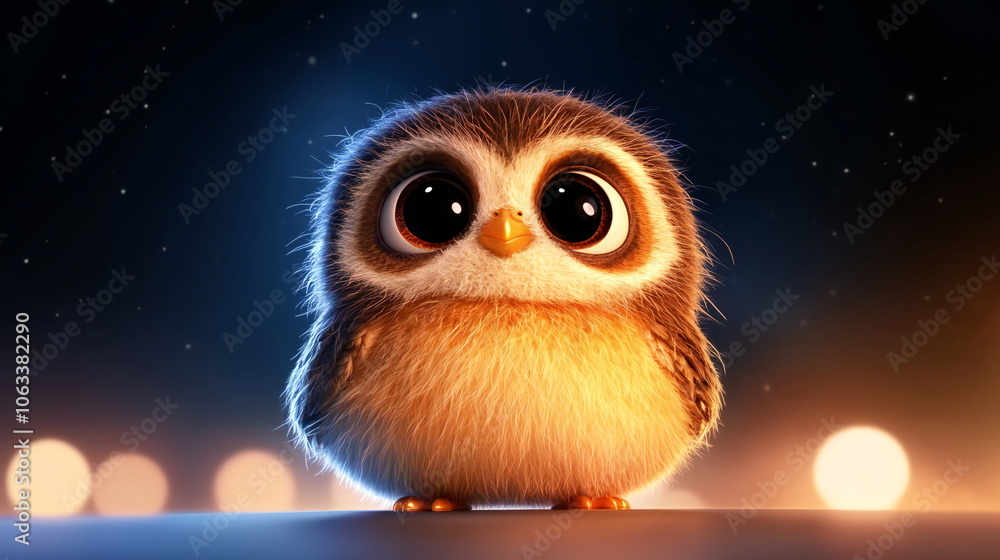 A cute, fluffy owl with large, expressive eyes sits against a dark background of stars and out-of-focus lights. A cute, fluffy owl with large, expressive eyes sits against a dark background of stars and out-of-focus lights.