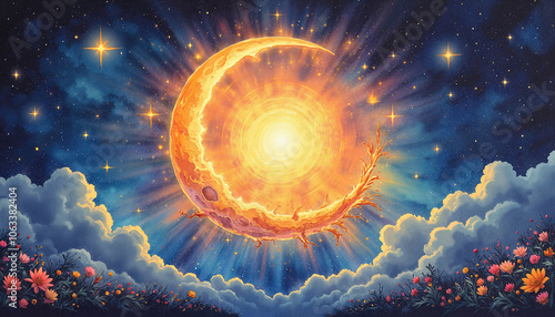 Wiccan solstice artwork featuring a radiant sun within a crescent moon surrounded by stars and flowers