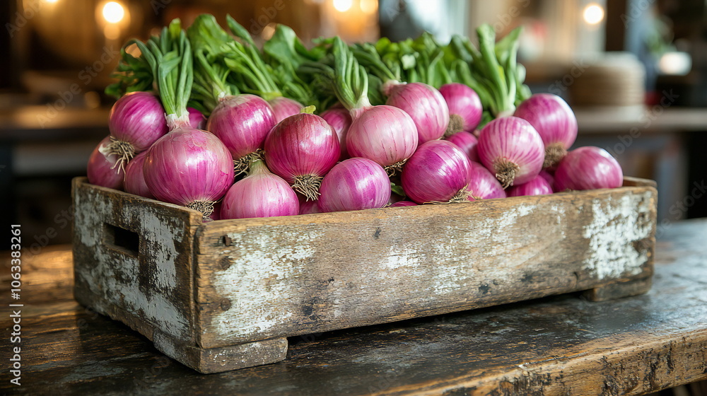 A wooden crate filled with fresh red onions sits on a rustic wooden table. A wooden crate filled with fresh red onions sits on a rustic wooden table.