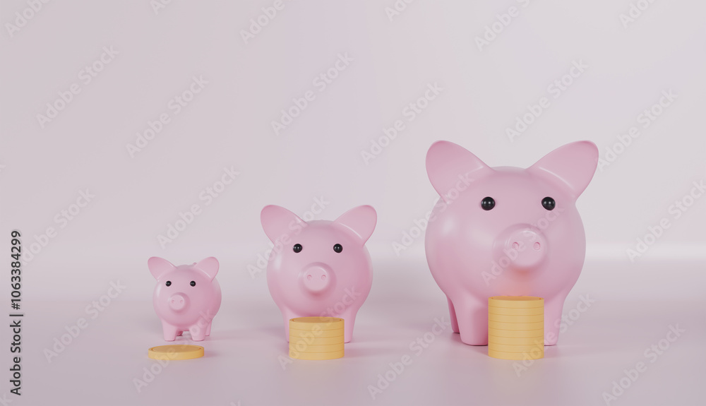 Piggy bank family with stacking money coins, Family financial, Money savings, Investment concept Piggy bank family with stacking money coins, Family financial, Money savings, Investment concept