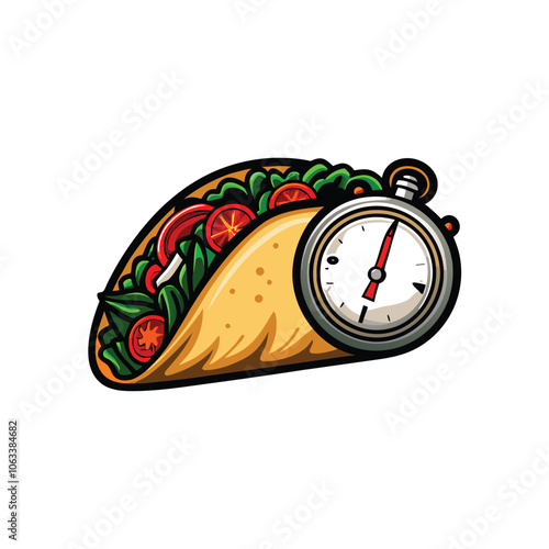 A delicious taco with a stopwatch resting on top, symbolizing the fast and efficient service.