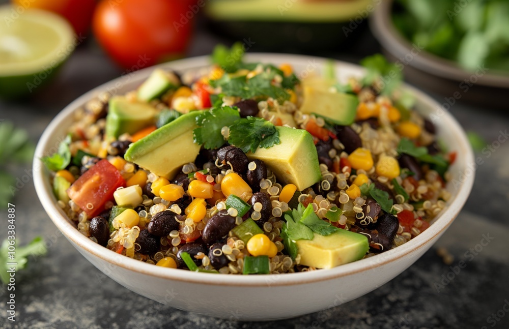 Vegetarian quinoa salad with black beans, corn and avocado. Vegetarian quinoa salad with black beans, corn and avocado.