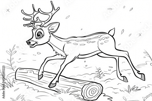 A playful cartoon deer joyfully leaping over a log, surrounded by whimsical trees and leaves, ideal for coloring activities.