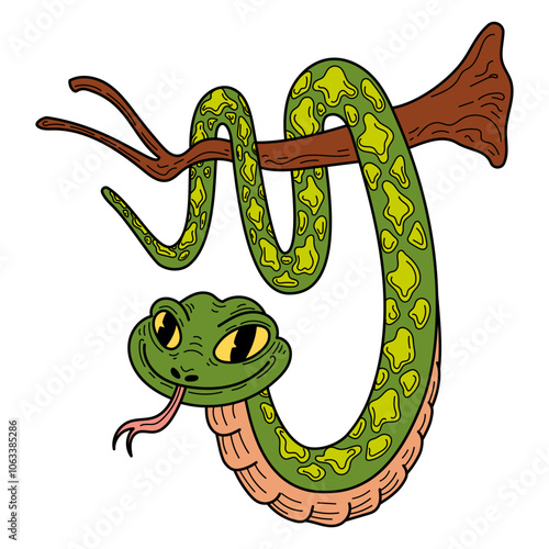 Green python on a branch hand drawn flat. Cute snake. Dangerous animal with a long wriggling body. Viper, python, anaconda, rattlesnake. Poisonous creature. Vector cartoon illustration.