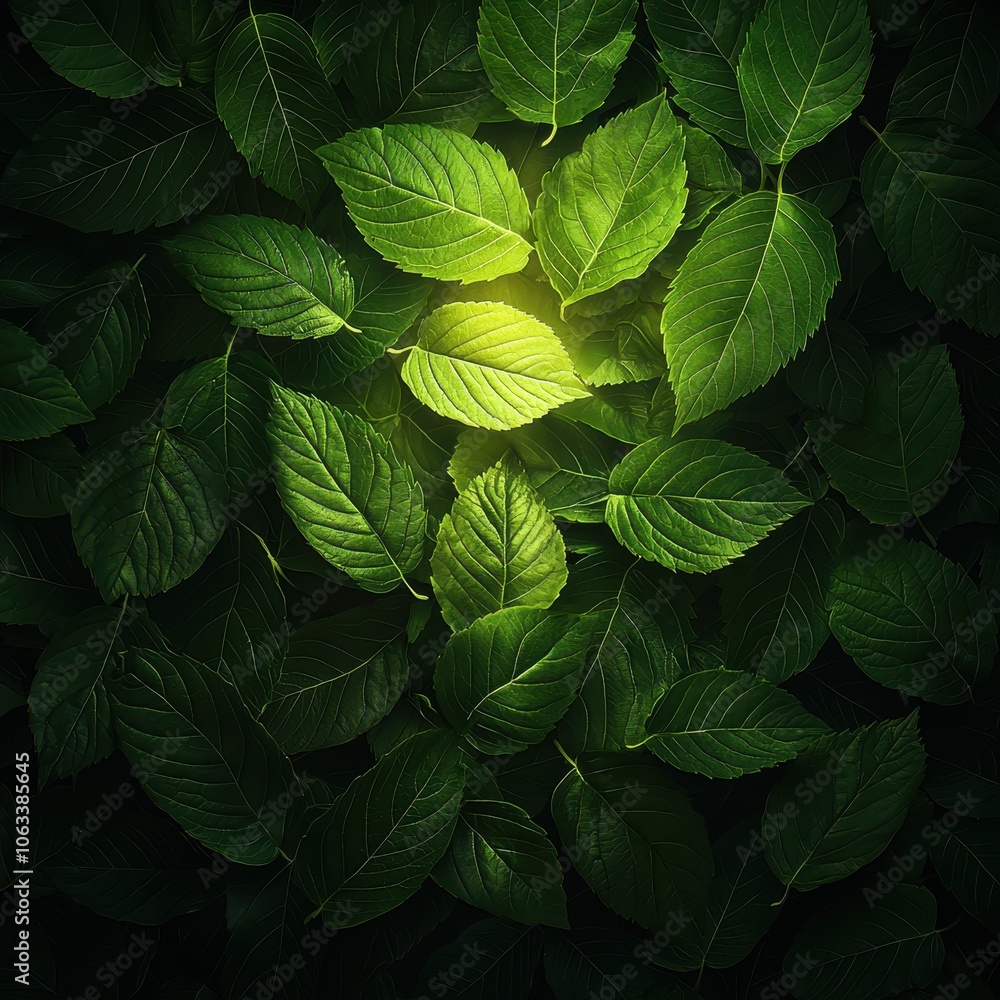 Lush green leaves illuminated softly, creating a serene, natural ambiance with a hint of light peeking through the foliage. Lush green leaves illuminated softly, creating a serene, natural ambiance with a hint of light peeking through the foliage.