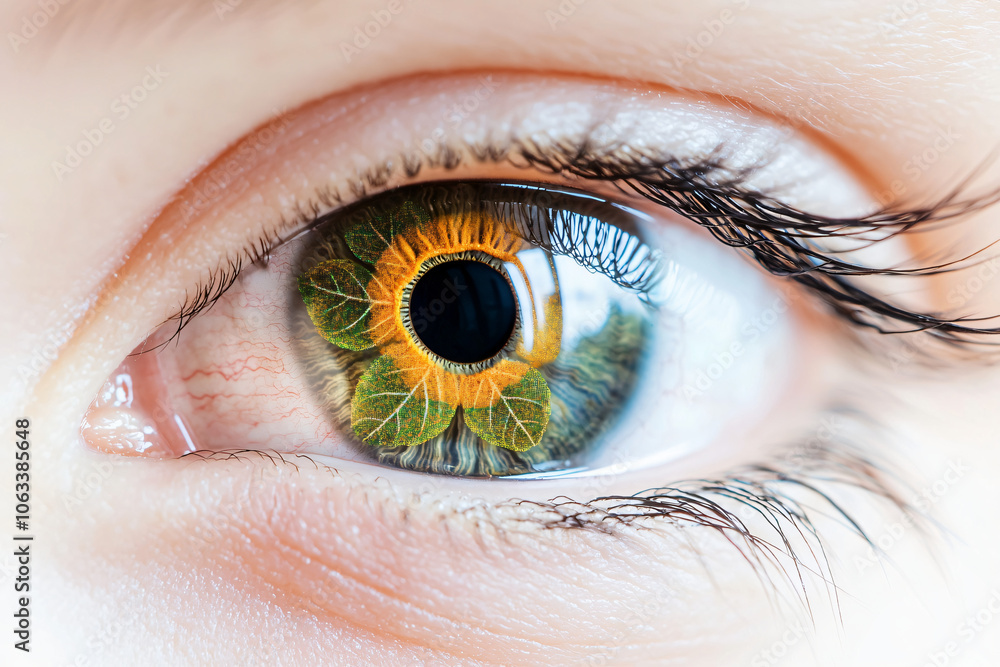 Fototapeta premium eye macro shot, delicate leaf pattern over iris, stunning detail, clean white background