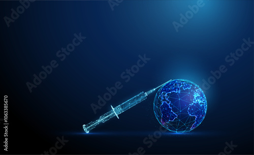 Syringe on planet Earth. Healthcare, diseases, medical treatment, vaccination and pharmacy concept. Low poly style.