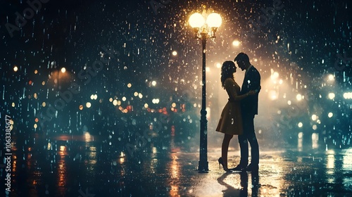 Romantic couple dancing under a streetlamp in the rain with city lights in the background