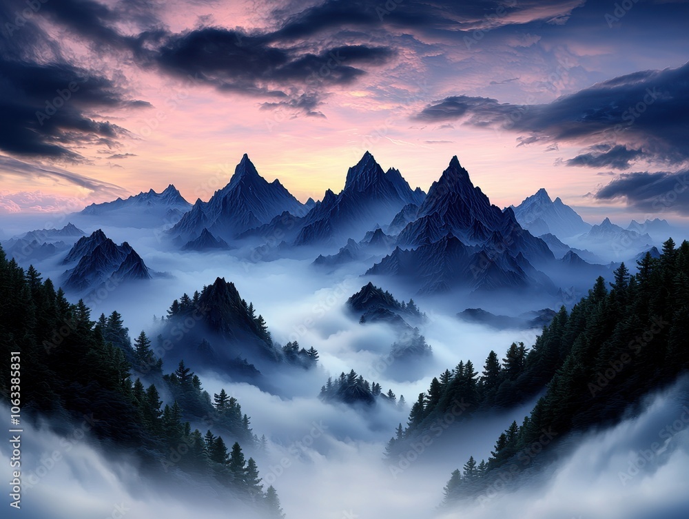 A serene mountain landscape at dawn, shrouded in mist with dramatic peaks illuminated by soft, colorful sky. A serene mountain landscape at dawn, shrouded in mist with dramatic peaks illuminated by soft, colorful sky.