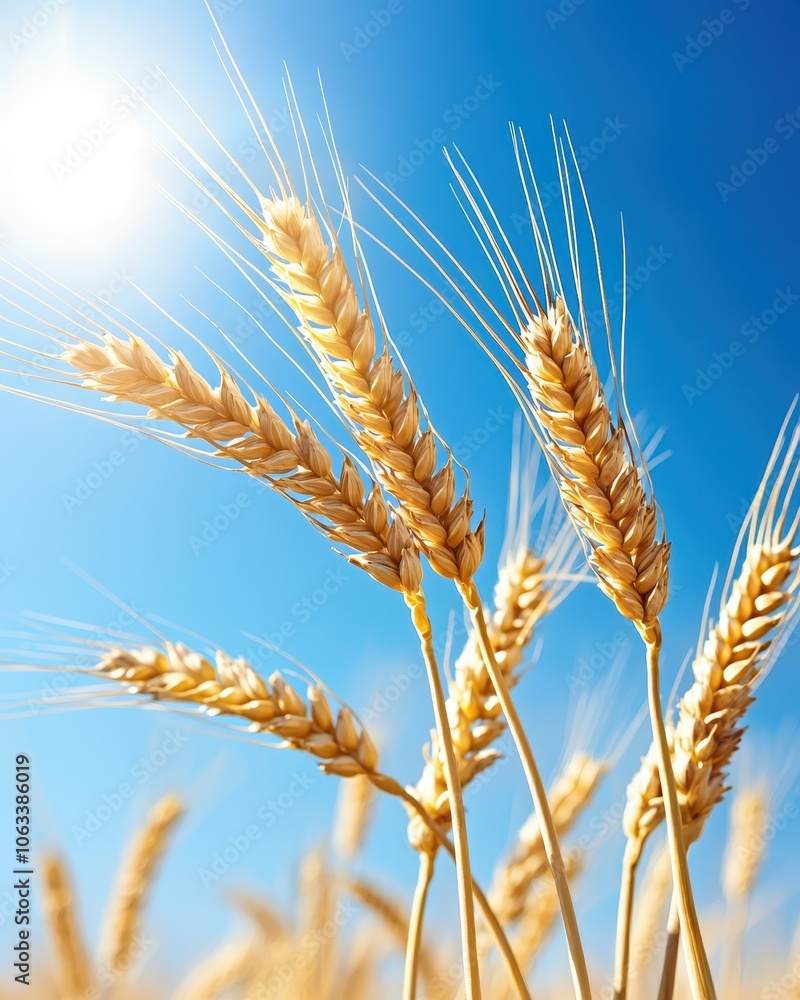 A close-up of golden wheat stalks swaying under a bright blue sky, illuminated by sunlight, showcasing the beauty of agriculture and nature. A close-up of golden wheat stalks swaying under a bright blue sky, illuminated by sunlight, showcasing the beauty of agriculture and nature.
