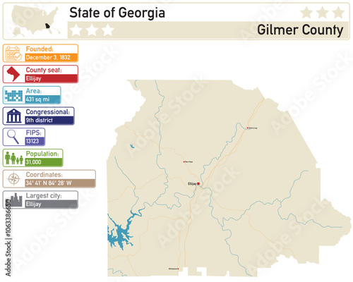 Detailed infographic and map of Gilmer County in Georgia USA.