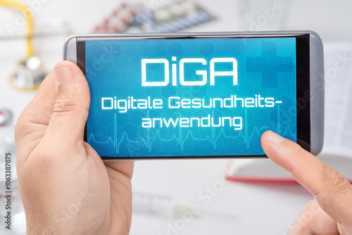 Smartphone mit dem Text DiGa digitale Gesundheitsanwendungen photo