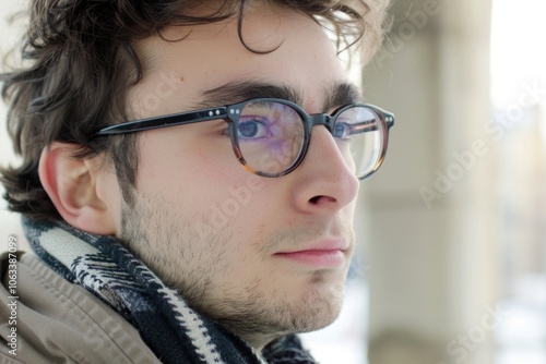 A person wearing glasses and a scarf, possibly a intellectual or creative individual