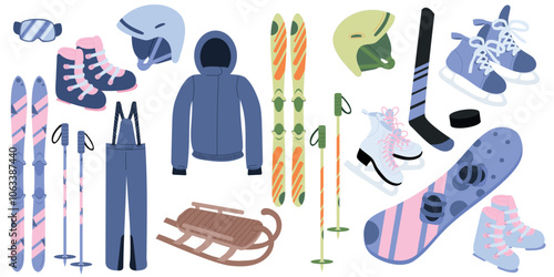 Big vector set of winter sport equipment skis, snowboard, boots, protective glasses, helmet, skates, ski poles, sled, stick, puck in blue color. Hand drawn vector illustrations in flat style