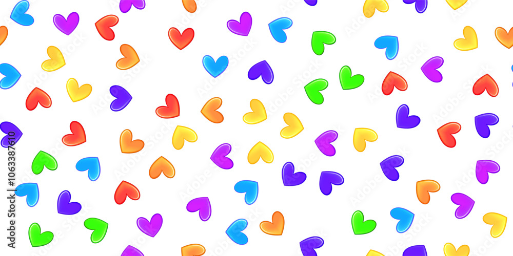 Rainbow heart shaped sprinkles on white as a seamless pattern. Cute party bg with confetti. Ice cream and bakery topping. Holiday vector illustration Rainbow heart shaped sprinkles on white as a seamless pattern. Cute party bg with confetti. Ice cream and bakery topping. Holiday vector illustration
