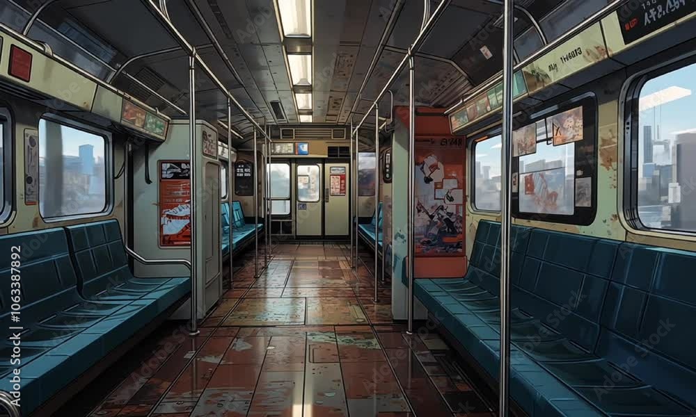 Empty metro car with city views through windows video lofi animation ...