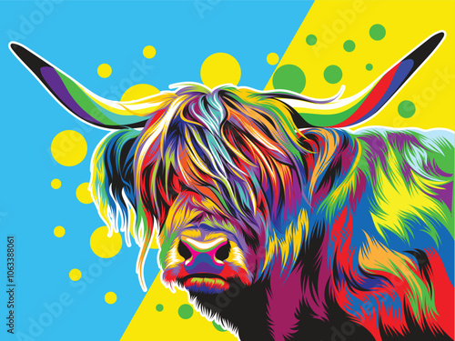 Colorful pop art design highland Cow, vector illustration