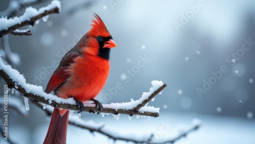 Red cardinal in winter, resting on a snow-laden branch with serene winter landscape around