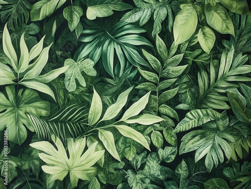 Vibrant Botanical Wallpaper with Textured Green Leaves