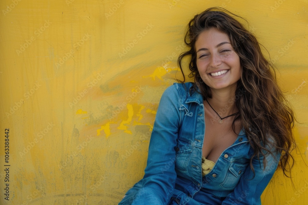 Fototapeta premium A young woman sits on a yellow wall, smiling at the camera