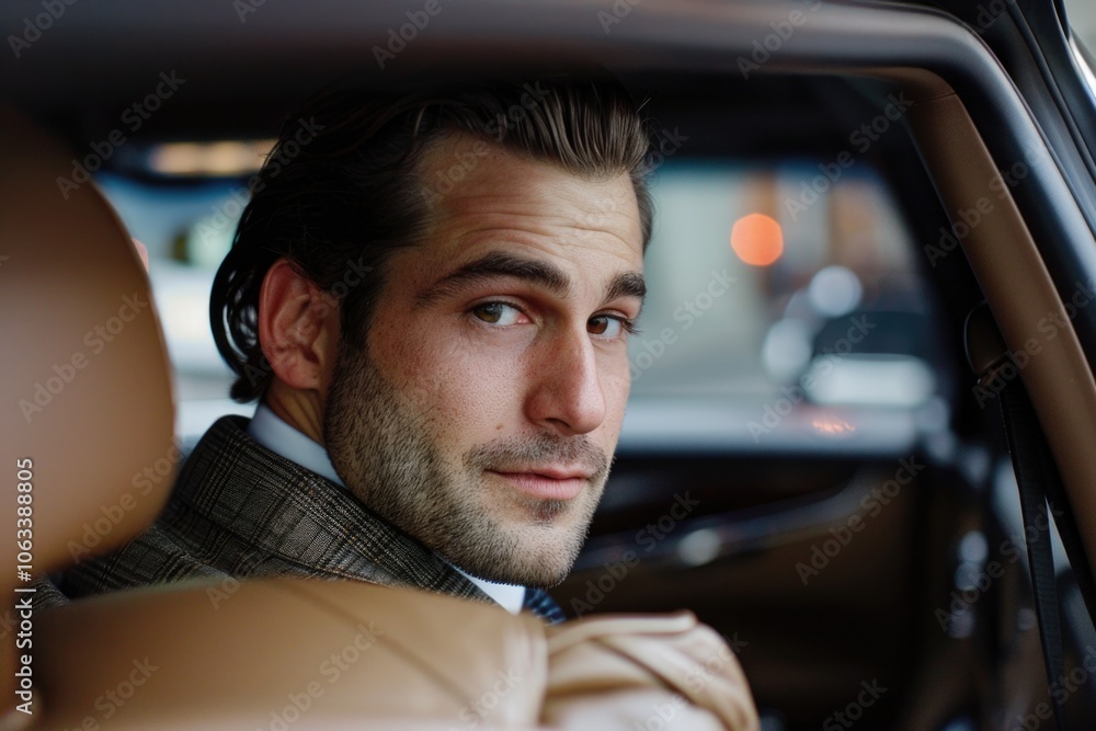 A man in a business suit sitting inside a vehicle A man in a business suit sitting inside a vehicle