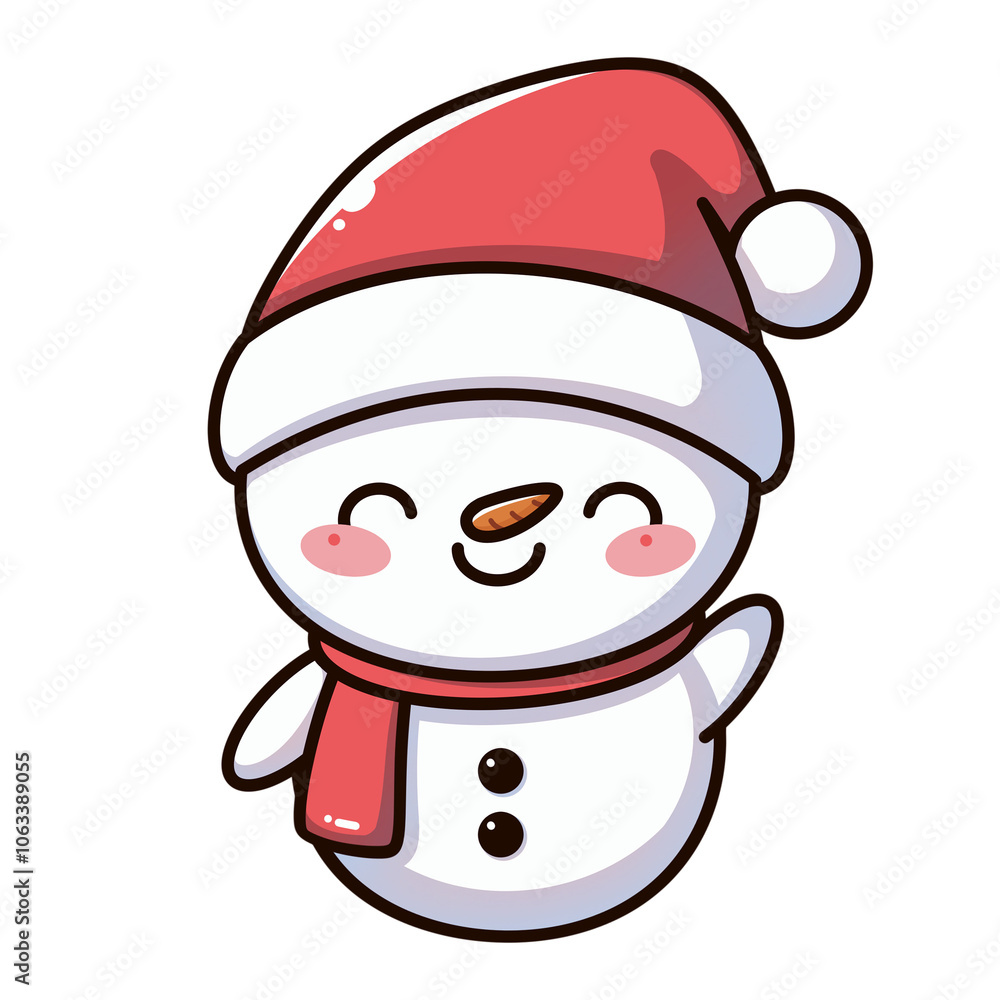 Hand-drawn cartoon of a cute snowman wearing a Santa hat and red scarf for a Christmas design Hand-drawn cartoon of a cute snowman wearing a Santa hat and red scarf for a Christmas design