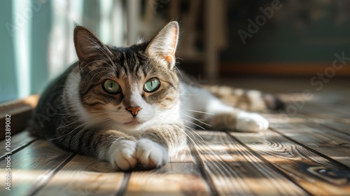 Bengal Cat Lying on Wooden Floor photo