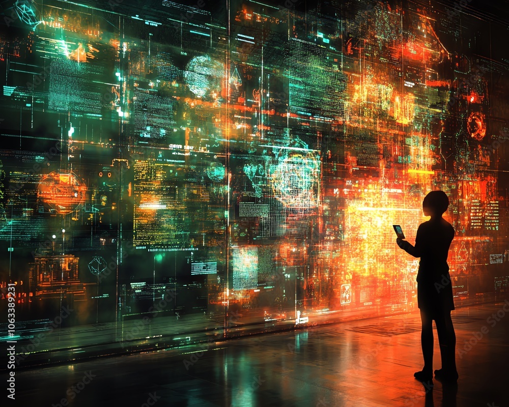 A digital concept art of social networking technologies, featuring interactive digital profiles, holographic message notifications, and interconnected online connections A digital concept art of social networking technologies, featuring interactive digital profiles, holographic message notifications, and interconnected online connections