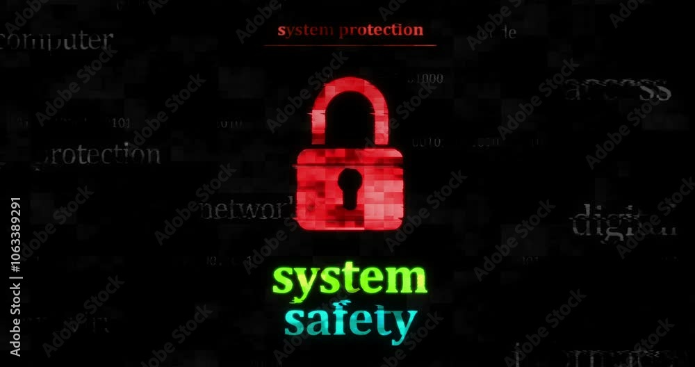 Cyber security with padlock symbol technology loop concept. Abstract sign on glitch screens seamless and looped. Cyber security with padlock symbol technology loop concept. Abstract sign on glitch screens seamless and looped.