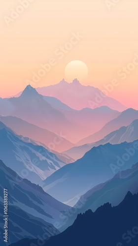 A serene landscape featuring layered mountains at sunset, with soft pastel colors blending in the sky and shadows highlighting the terrain.