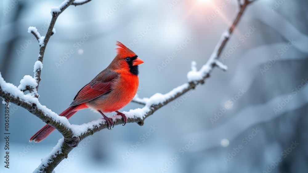 Winter cardinal on a snowy branch, surrounded by delicate falling snowflakes in a peaceful setting Winter cardinal on a snowy branch, surrounded by delicate falling snowflakes in a peaceful setting