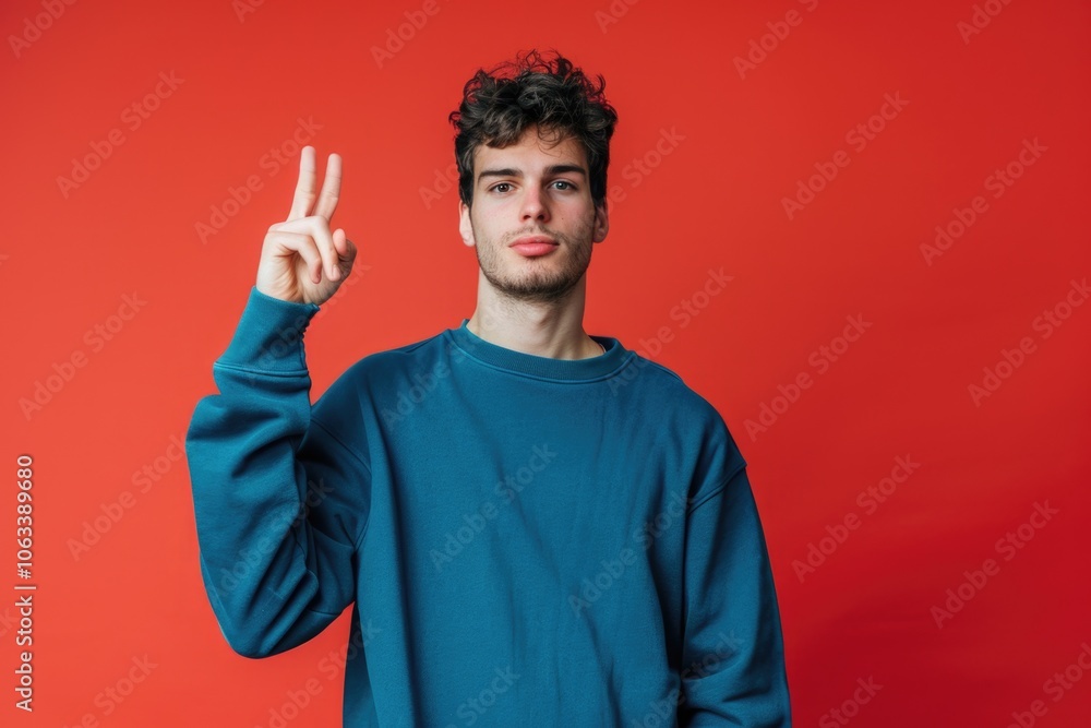 A person holding up the V sign on one hand, wearing a blue sweatshirt A person holding up the V sign on one hand, wearing a blue sweatshirt