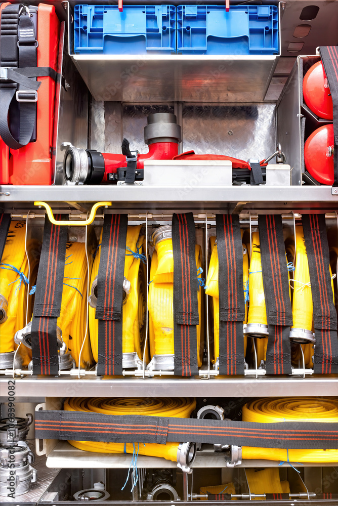Organized firefighter gear in truck compartment, hoses, nozzles, emergency equipment in firetruck storage space, rescue readiness concept