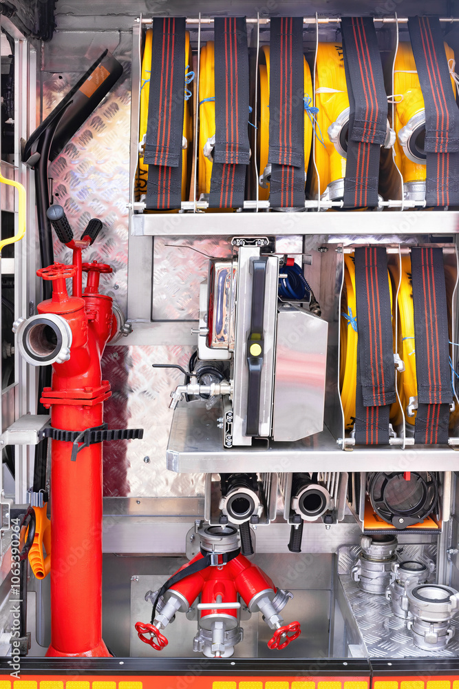 Firefighting equipment organized inside fire truck compartment with hoses, nozzles, tools, showcasing emergency readiness concept