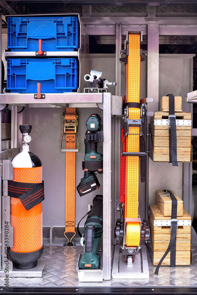 Organized emergency tools and equipment compartment with safety gear, neatly stored and secured in vehicle for quick access concept