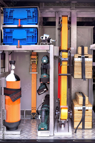 Obraz na płótnie Organized emergency tools and equipment compartment with safety gear, neatly stored and secured in vehicle for quick access concept w salonie