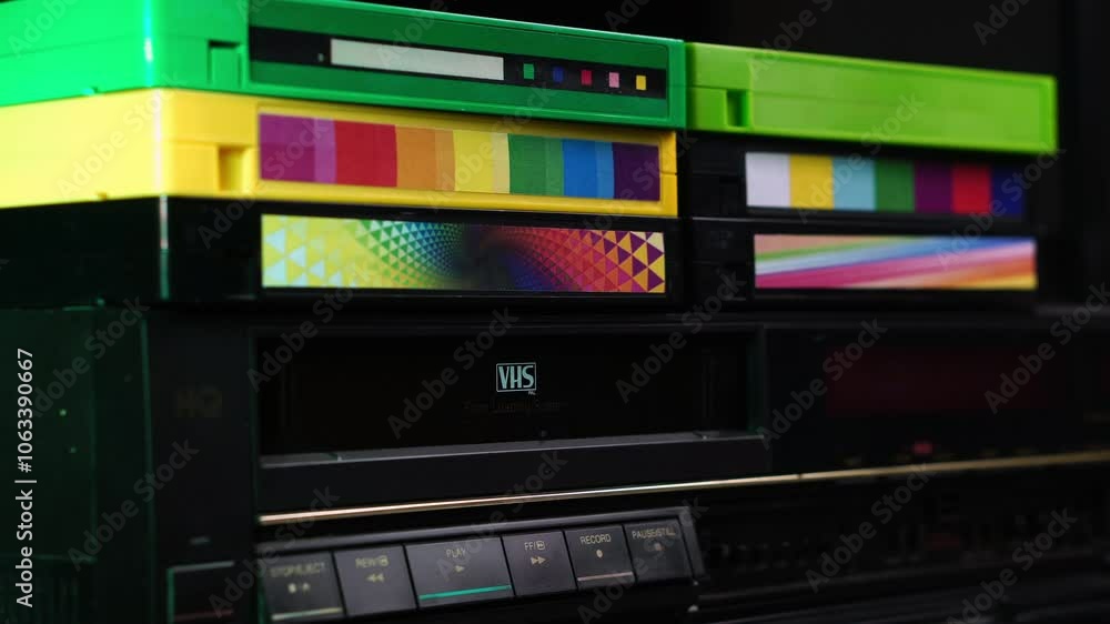 School Play VHS Video Cassette Tape Ejecting From VCR, Close Up School Play VHS Video Cassette Tape Ejecting From VCR, Close Up