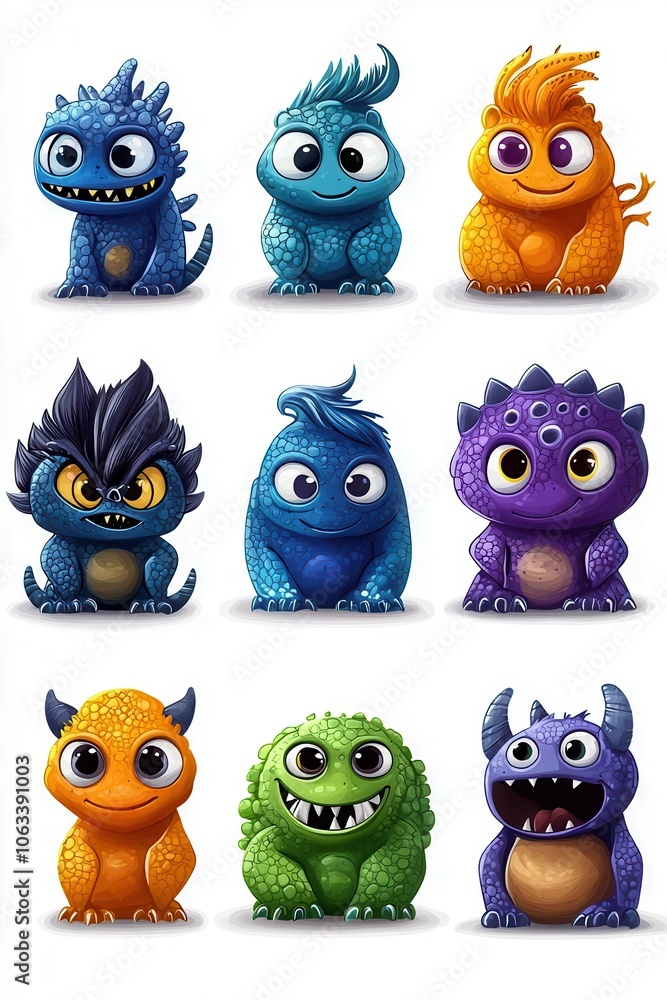 Fototapeta premium A colorful collection of cute cartoon monsters with various expressions, ideal for children's media and playful designs.