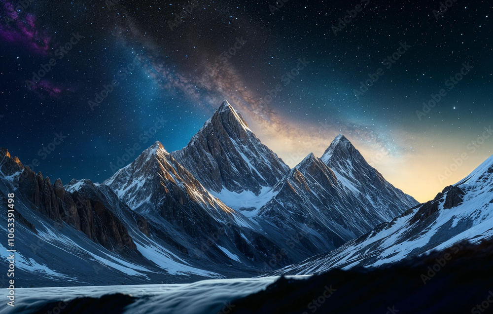 A picturesque mountain range with snowy peaks and a vibrant sunset. The sky is a beautiful blend of orange and blue hues. A picturesque mountain range with snowy peaks and a vibrant sunset. The sky is a beautiful blend of orange and blue hues.