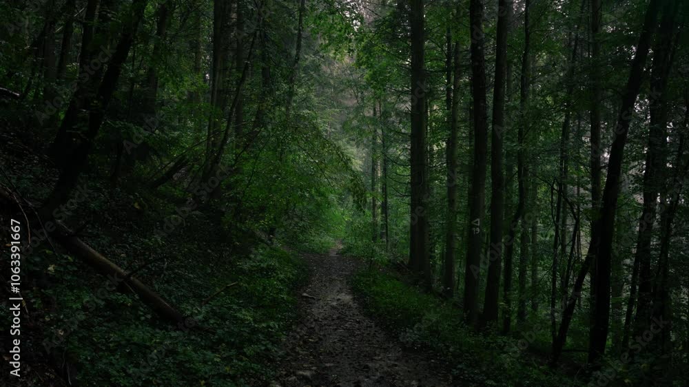 Mysterious dark beech forest with path leading through the trees and light rain in middle Europe Mysterious dark beech forest with path leading through the trees and light rain in middle Europe