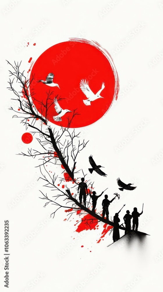 Obraz premium A striking silhouette of figures against a vivid red sun, symbolizing freedom and hope with birds soaring in the sky.