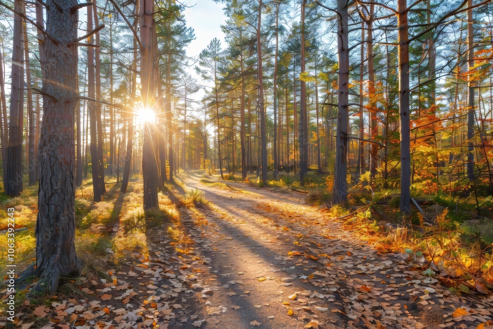 Fototapeta premium Golden Hour Sunbeams Illuminate Autumnal Forest Path. Scenic Path Covered in Colorful Fallen Leaves