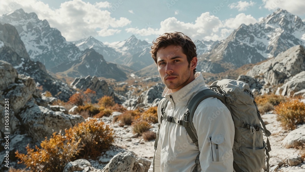 Thoughtful man with focused expression hiking in mountains wearing white jacket with dramatic scenery